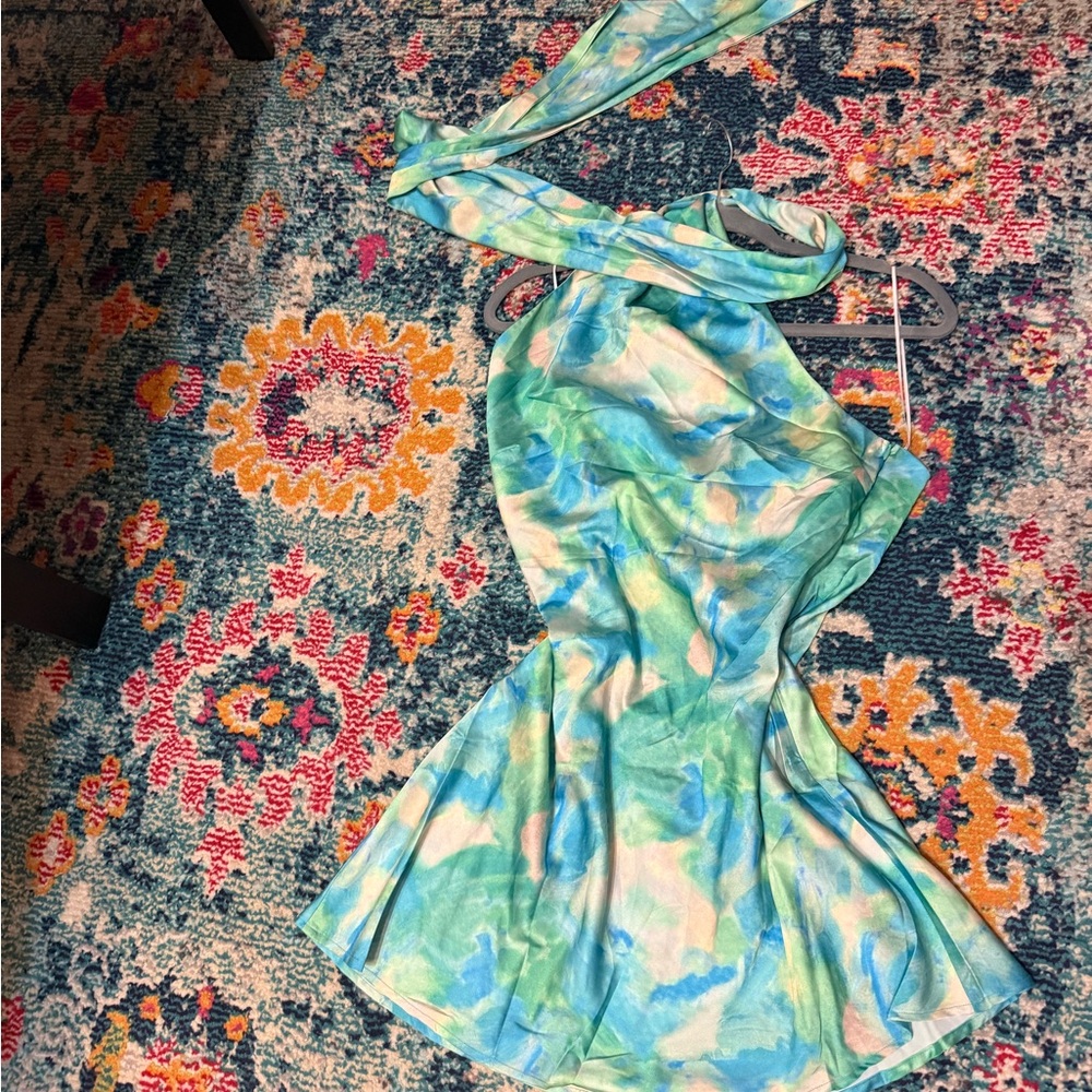 Blue and Green One Shoulder Scarf Dress